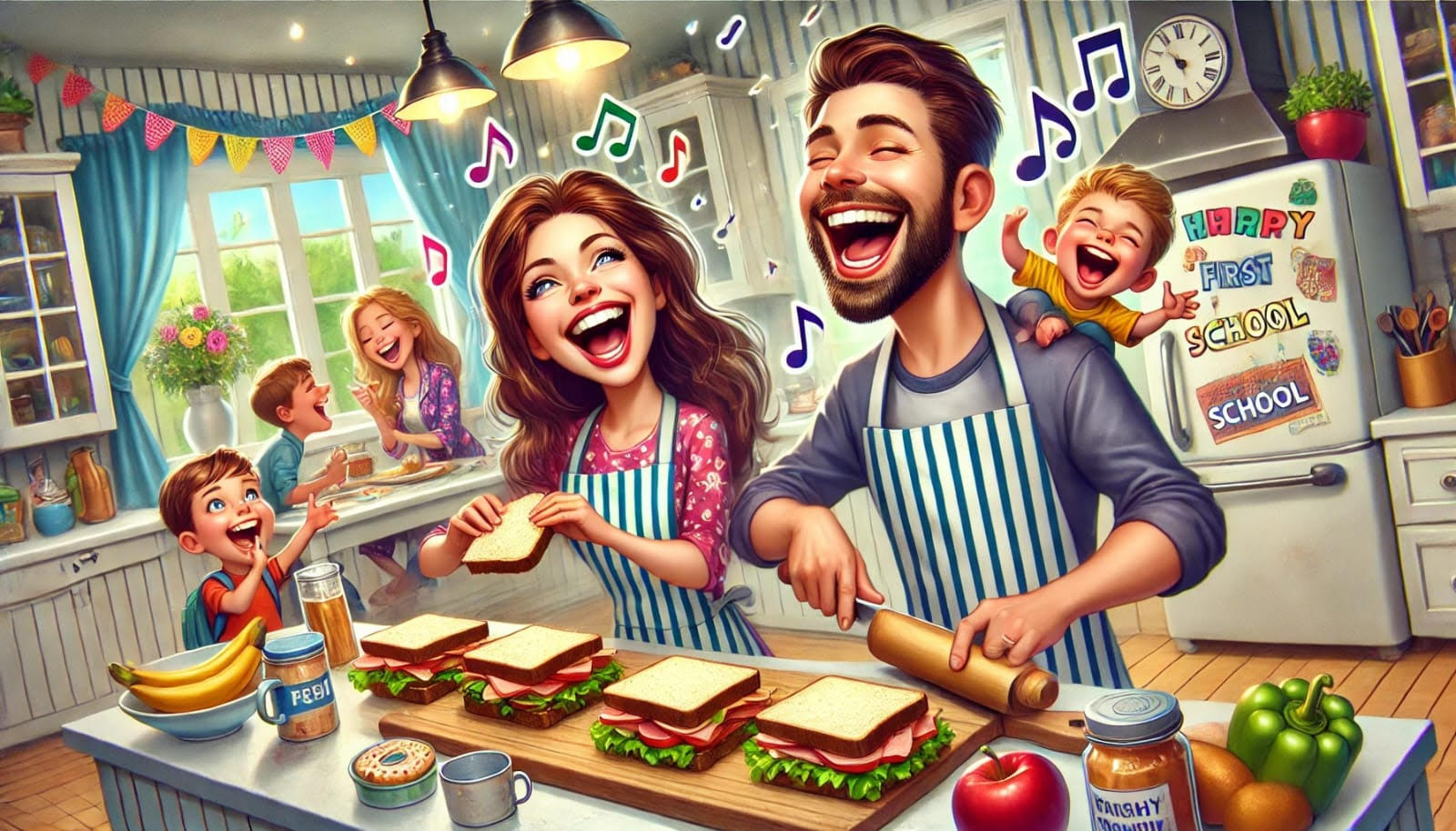 איור ai של משפחה שמחה וצוחקת בזמן שהם מכינים כריכים. יש ארבעה כריכים על השולחן שאמא ואבא מכינים כשילד קטן מאוד על כתפו של האבא, לידו האמא ולידה ילד קטן. מאחוריהם ילדה גדולה וילד קטן יושבים סביב שולחן גבוה ואוכלים.