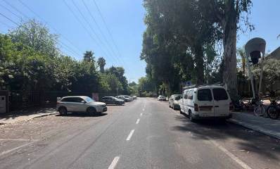 רחוב עם עצים גדולים בצד ימין, מכוניות חונות לאורך המדרכה בצד ימין, ובצד שמאל מכוניות חונות בניצב למדרכה