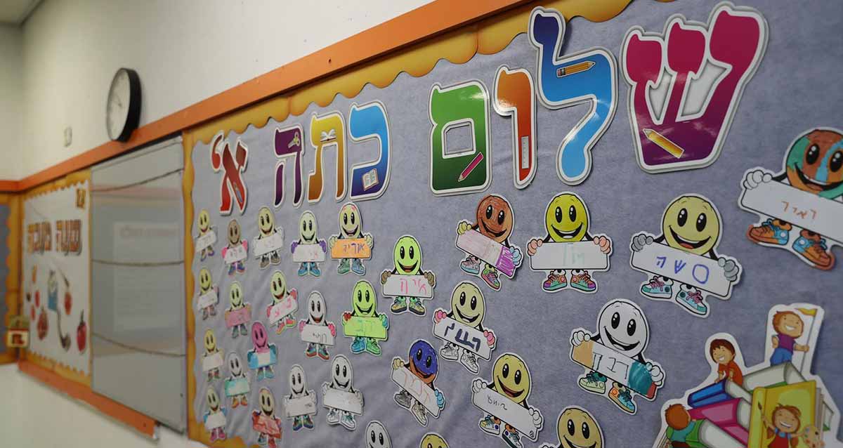 לוח על קיר של כיתה, כותרת: שלום כיתה א', ושמות התלמידים על הלוח על גבי ציור של פרצופים חייכנים ושעון מעל הלוח