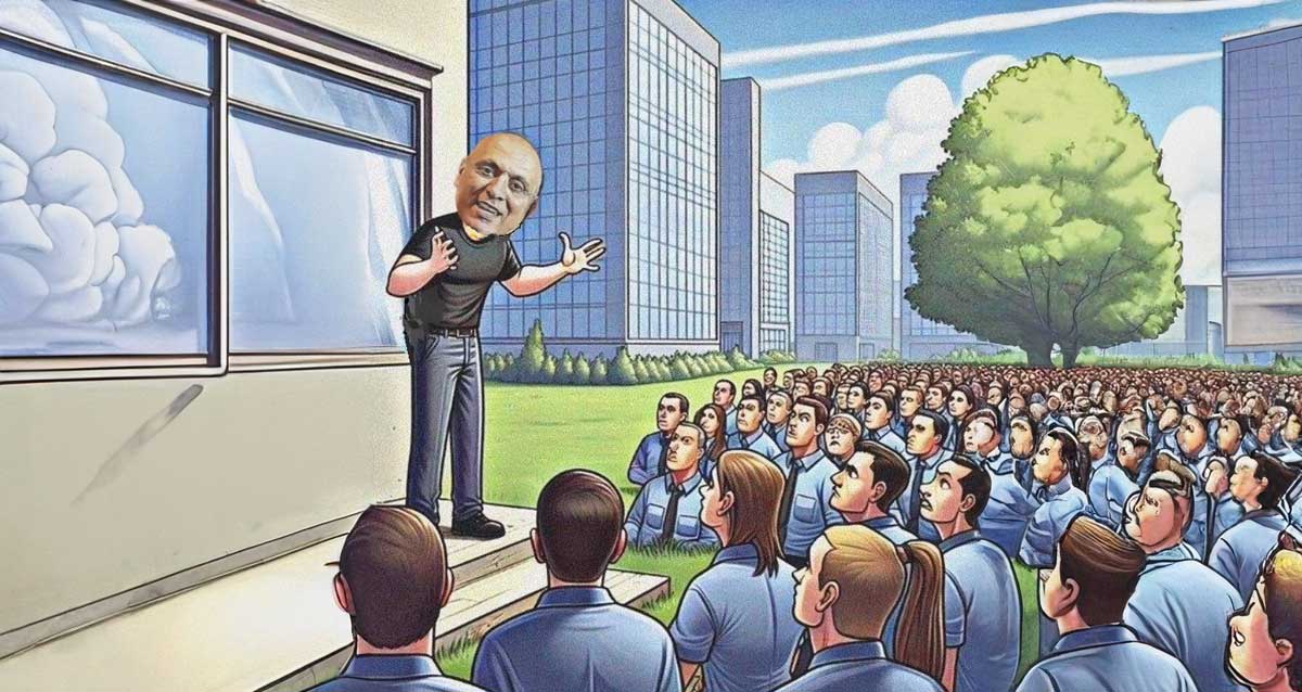 אסי אדן נואם מול עשרות עובדי עיריית רמת גן. איור AI - שמואל אליעז