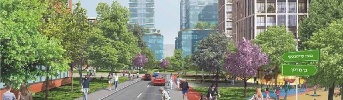 רצועת בן גוריון בגבעתיים. במרכז כביש של שני נתיבים, בצדדים מדרכות והולכי רגל. בימין ובשמאל גינות רחבות עם דשא ועצים גדולים. ברקע בניינים גבוהים.