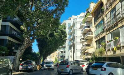 שכונת חרוזים ברמת גן. רחוב עם בתי מגורים בשני הצדדים. במדרכה משמאל שני עצים עתיקים וגבוהים לפני הבתים. ברחוב מכוניות חונות בשני הצדדים.
