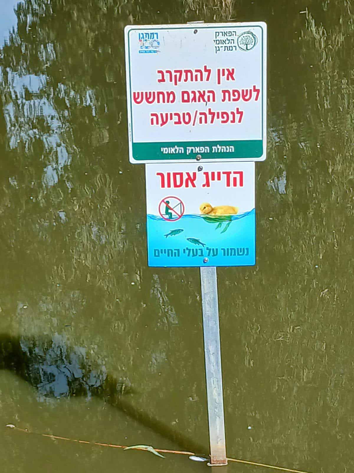 האגם בפארק הלאומי ברמת גן. בתוך המים תקוע מוט ועליו שני שלטים. הכיתוב בשלט העליון: הפארק הלאומי רמת גן, אין להתקרב לשפת האגם מחשש לנפילה/טביעה, הנהלת הפארק הלאומי. מתחתיו שלט קטן יותר ועליו הכיתוב: הדייג אסור, נשמור על בעלי החיים. באמצע השלט ציור של מים ובהם שני דגים ועל המים ברוזון, וציור של דיג עם חכה בתוך עיגול אדום ופס אדום באלכסון המסמן איסור.