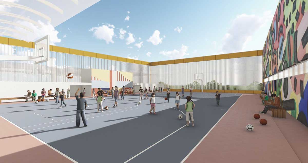 הדמיה של מגרש משחקים בבית ספר בגבעתיים. ילדים משחקים עם כדורים