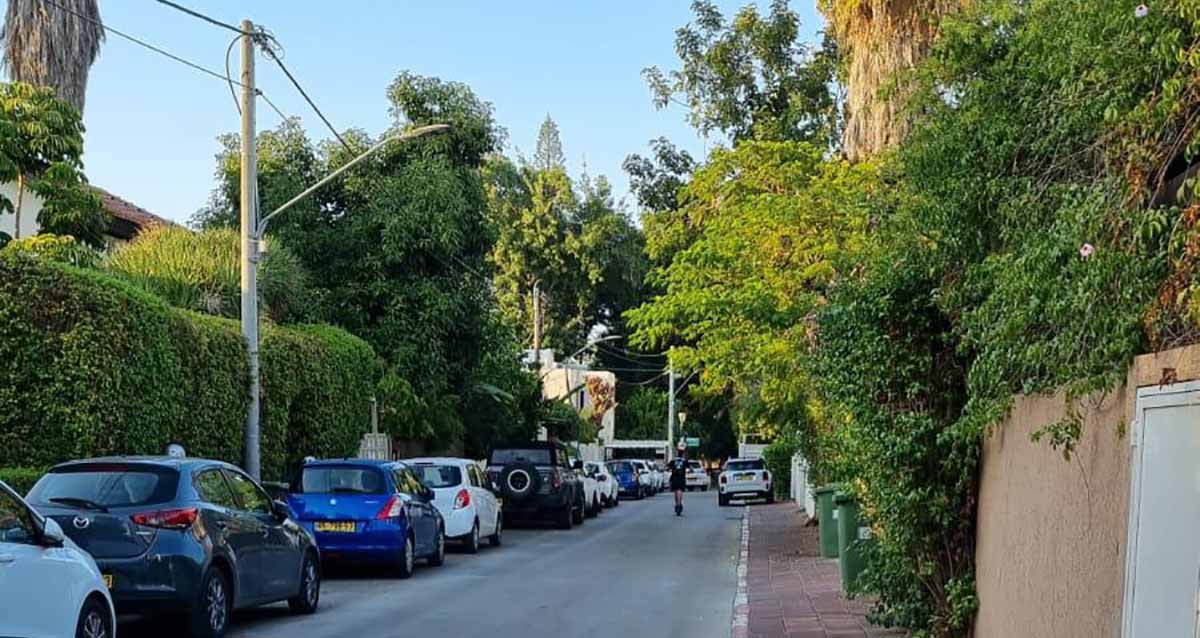 שכונת ותיקים רמת גן. רחוב חד סיטרי עם מדרכה צרה. בצד שמאל חונות מכוניות, ורוכב קורקינט באמצע הכביש. בחזית הבתים צמחייה עבותה. בצד שמאל נראה גגו של בית בן שתי קומות.