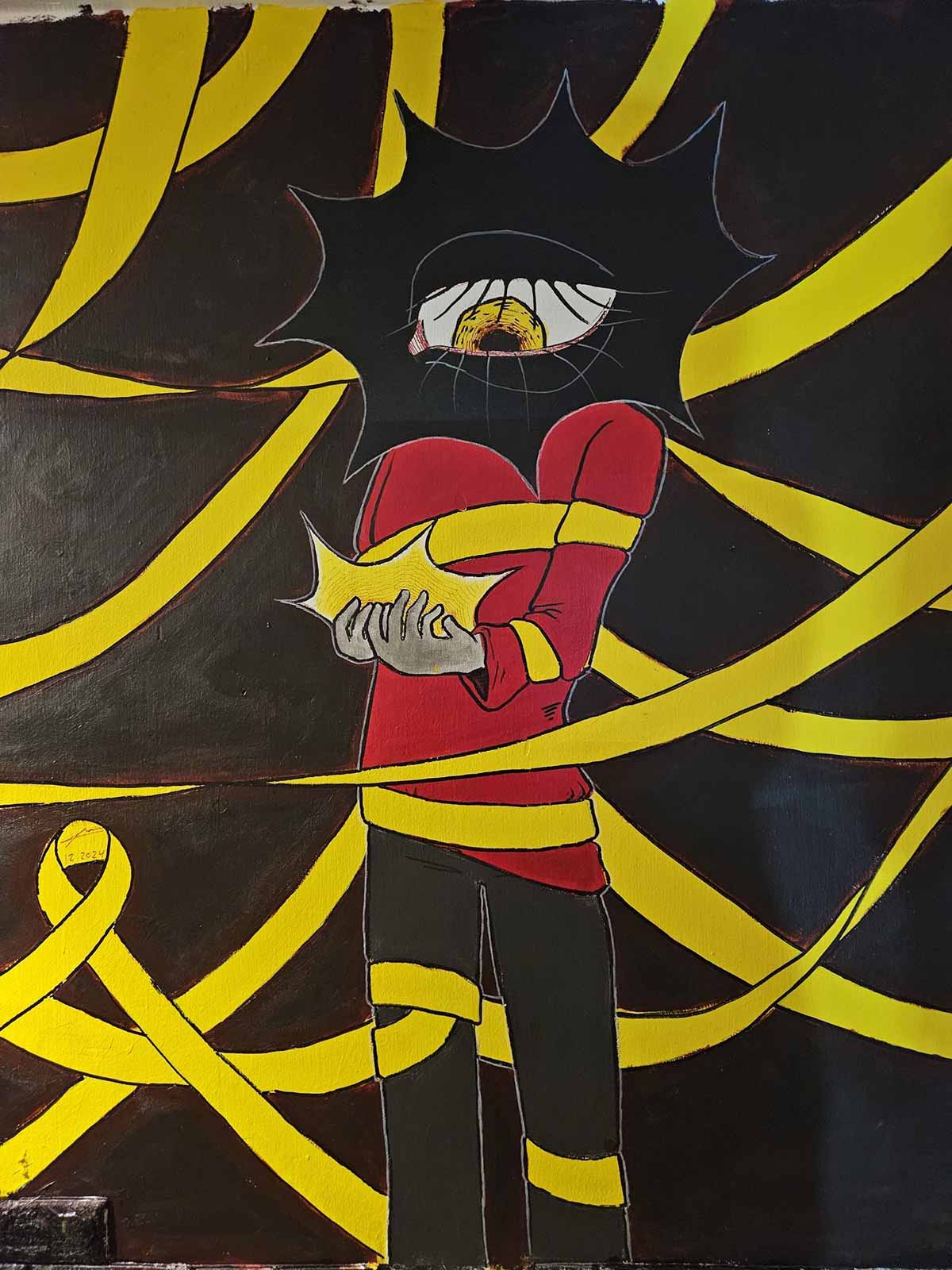 פופ-אפ אמנותי של הנוער על המלחמה. ציור של אדם עם ראש גדול ושחור בצורת כוכב עם עין אחת.