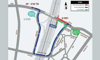 מפת חסימת רחוב ביאליק ברמת גן, איזור מחלף ההלכה. התנועה מרמת גן תוסת דרך גשר יצחק מודעי