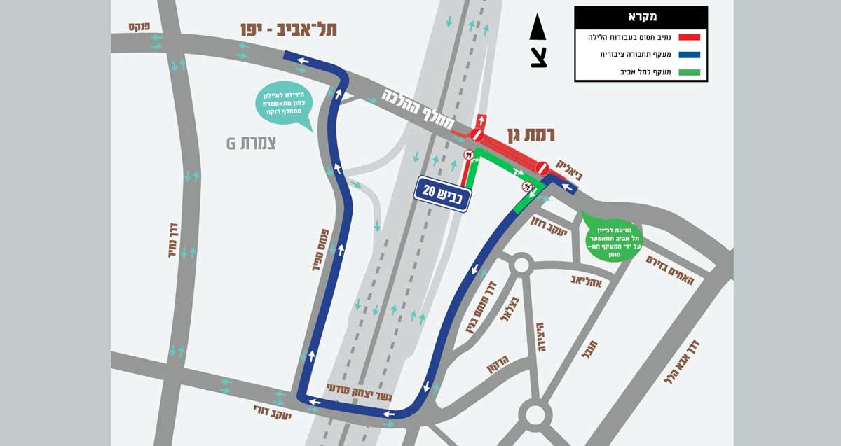 מפת חסימת רחוב ביאליק ברמת גן, איזור מחלף ההלכה. התנועה מרמת גן תוסת דרך גשר יצחק מודעי