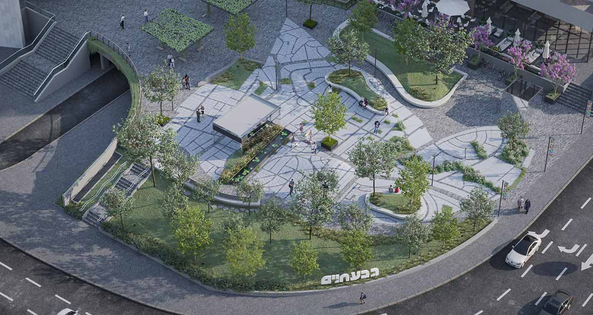 הדמיה של חניון תת קרקעי שיוקם במתחם הורד בגבעתיים. משמאל הכניסה לחניון התת קרקעי שיוקם מתחת לרחבה. ברחבה גינות וסביב הגינות מקומות ישיבה בנויים מבטון. בצד שמאל מדרגות העולות לרחבה. מימין הכניסה לרחבה בגובה המדרכה.