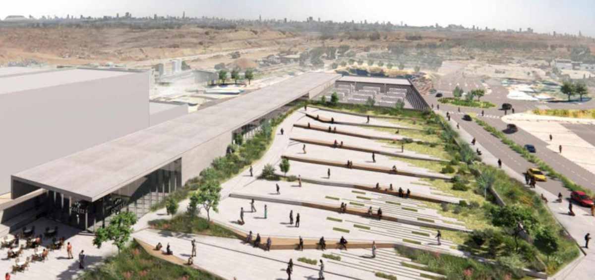 הדמיה של המבנה חדש למטבח המרכזי של ביה"ח שיבא. בניין ארוך ובחזיתו רחבות מרוצפות מדורגות ואנשים יושבים עליהן.