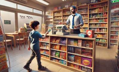 קטין קונה בפיצוציה. ילד מושיט מוצר למוכר שעומד לפני הקופה. מאחוריו מדפים עם מצרכים. הקופה ניצבת על שולחן עם מדפים של מצרכים בחזית השולחן. מצרכי מזון במעמדים מימין ומשמאל.