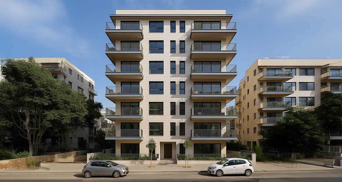 בנייה חדשה למגורים. בניין רב קומות עם מרפסות שמש.
