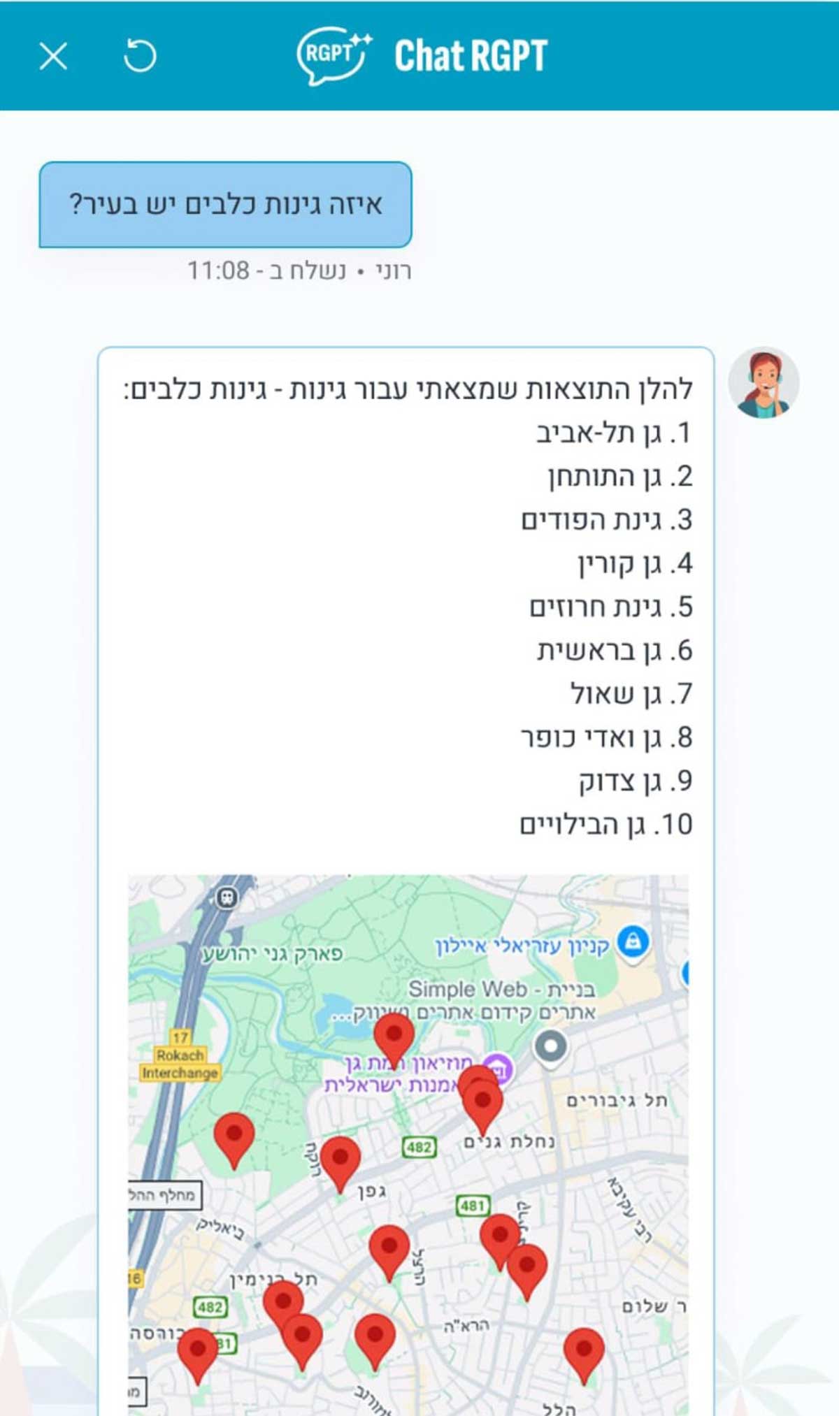 עיריית רמת גן השיקה צ'אט מבוסס בינה מלאכותית. צילום שאלה: איזה גינות כלבים יש בעיר? ולהלן התוצאות שמצאתי עבור גינות - גינות כלבים: