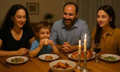 ארוחה משפחתית בערב שבת. הורים, בת גדולה ובן קטן יושבים ליד השולחן. בצד ימין על השולחן שני פמוטים עם נרות דולקים. ליד הפמוטים חלה. מסביב לפמוטים צלחות עם סלטים ומאפה.