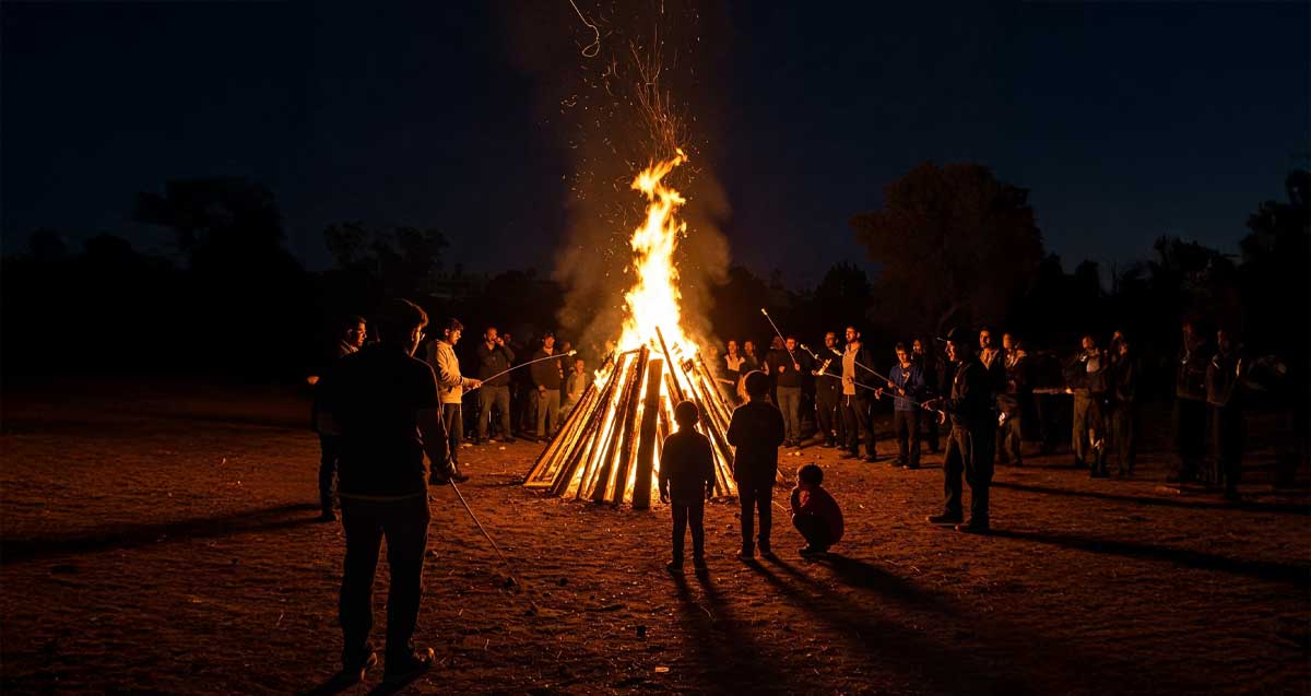 מדורת ל"ג בעומר בצורת קונוס עם אש חזקה וסביבה עומדים ילדים ומבוגרים. המבוגרים הקרובים למדורה אוחזים מקל שקצהו בוער.