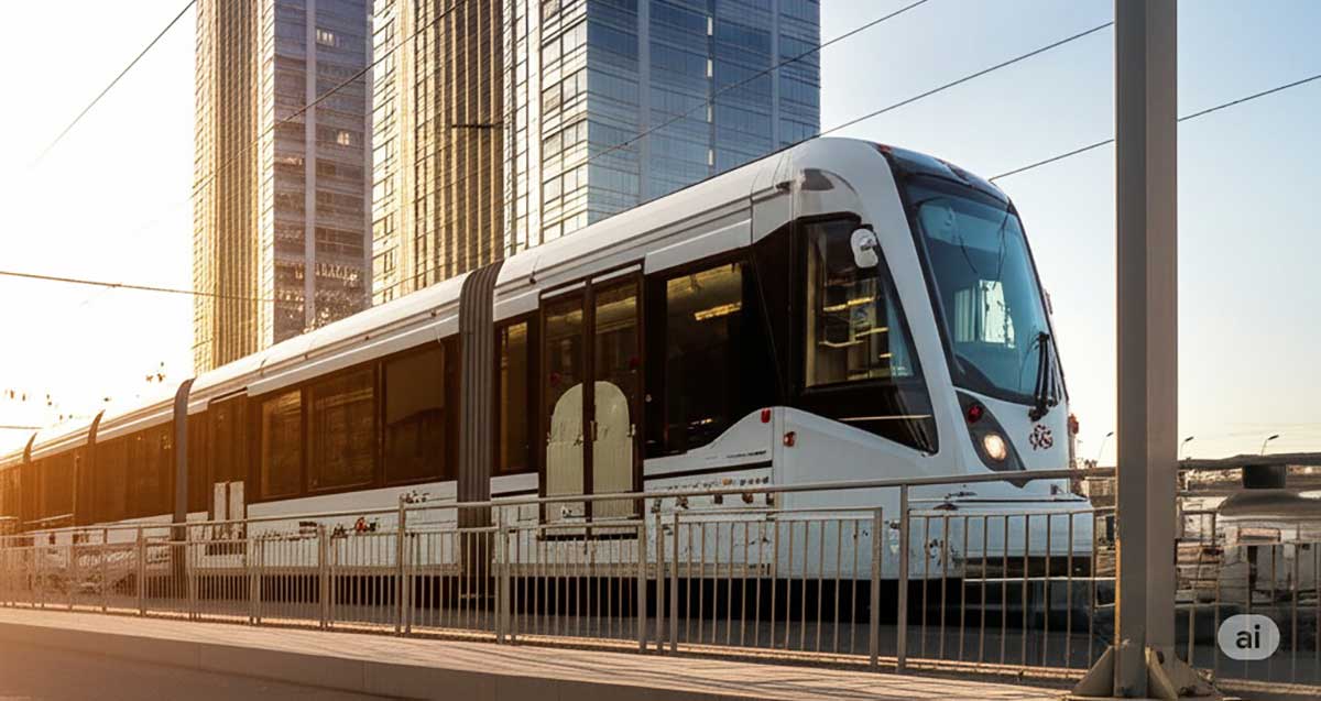 איור של רכבת מטרו וברקע מגדלים.