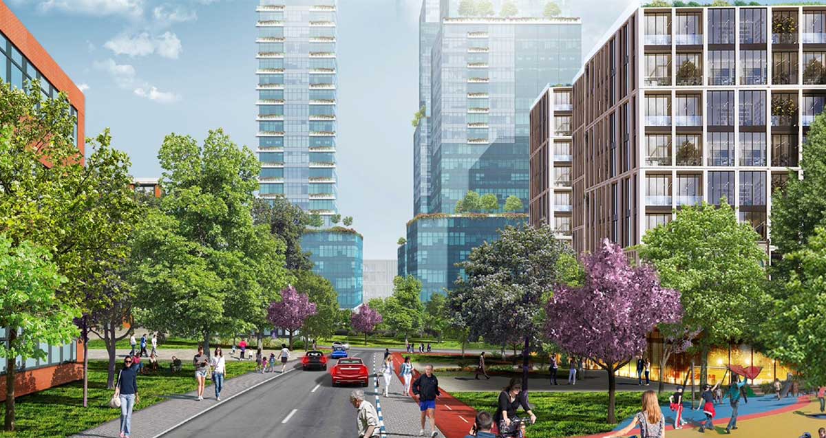 אושרה תוכנית ההתחדשות העירונית ברחוב בן גוריון בגבעתיים. הדמיה של שני מגדלים ושני בניינים של 9 קומות. דשאים ועצים לפני הבניינים.