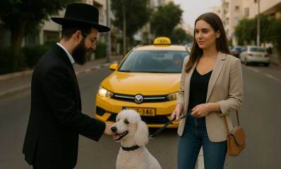 איור של צעירה חילונית עם כלב וצעיר חרדי בכביש ואחריהם מונית צהובה.