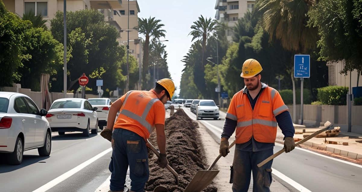 שני פועלים עובדים בכביש בעיר, צילום אילוסטרציה AI