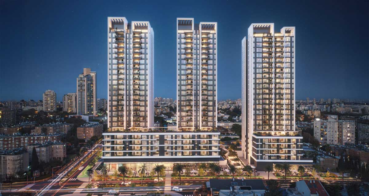 הדמיה של מתחם ההסתדרות בגבעתיים בעתיד. שלושה מגדלים מעל ארבע קומות רחבות יותר.