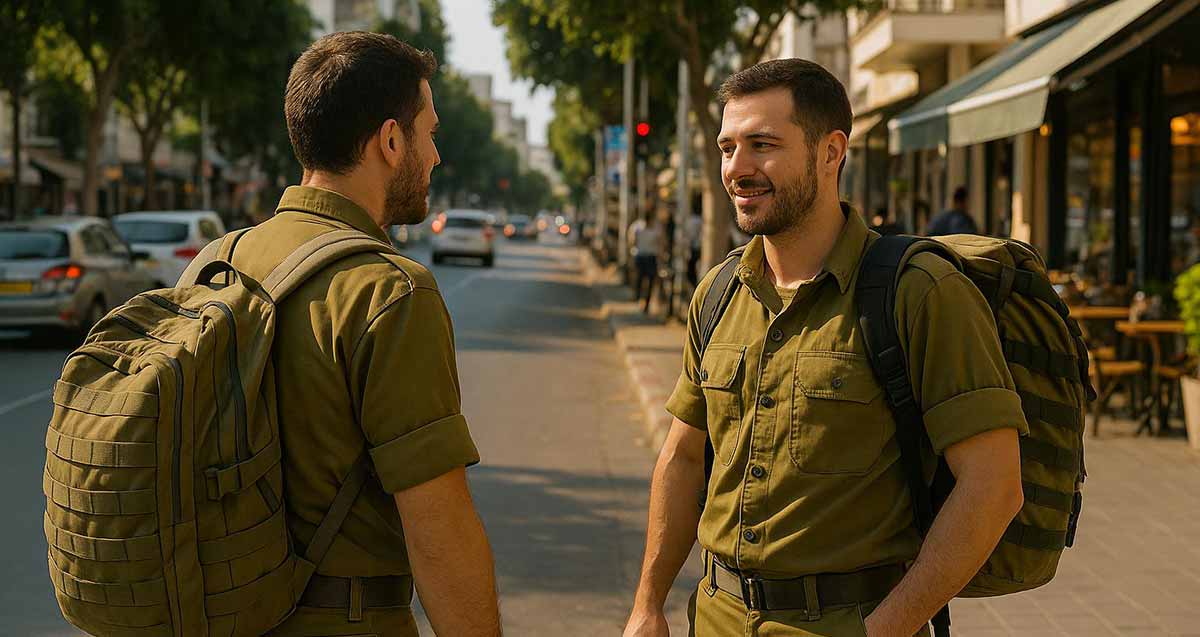 איור בינה מלאכותית. שני חיילי מילואים ברחוב תל אביבי