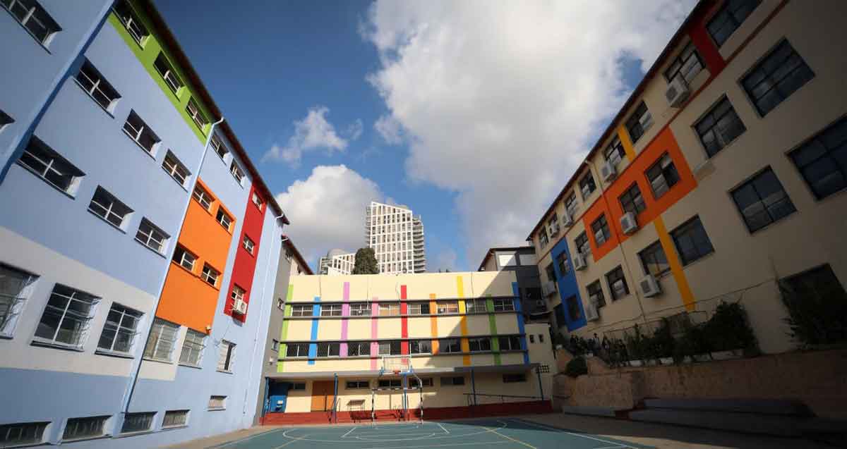 תיכון קלעי. בניין בצורת האות ח ובמרכז משטח ירוק לספורט. הבניין צבוע בצבעים תכלת, אדום, כחול, כתום וצהוב.