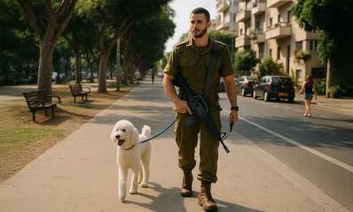 איור של מילואימניק בחופשה. מטייל במדרכה ליד גינה, עם נשק ואוחז כלב עם רצועה.
