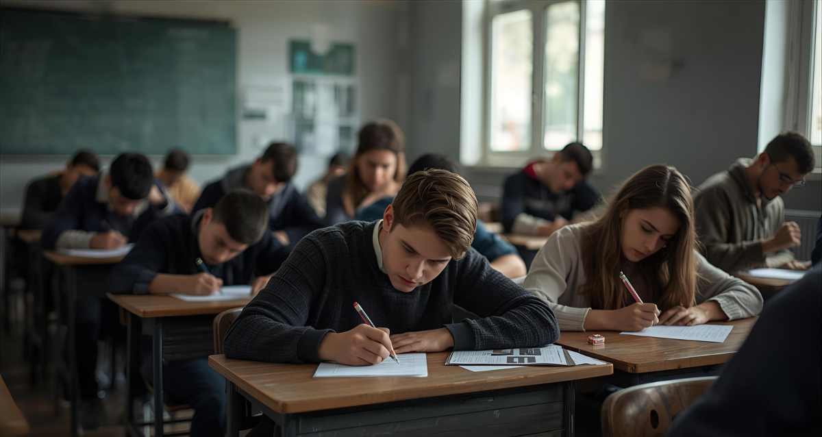 תלמידי תיכון בכיתה, בנים ובנות, פותרים מבחן. הדמיית בינה מלאכותית: רמת גן גבעתיים אונליין
