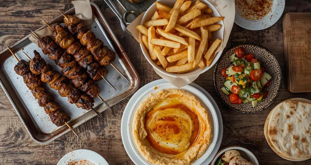 שולחן עם סלטים, חומוס, צ'יפס ושיפודי קבב. הדמיית בינה מלאכותית: רמת גן גבעתיים אונליין