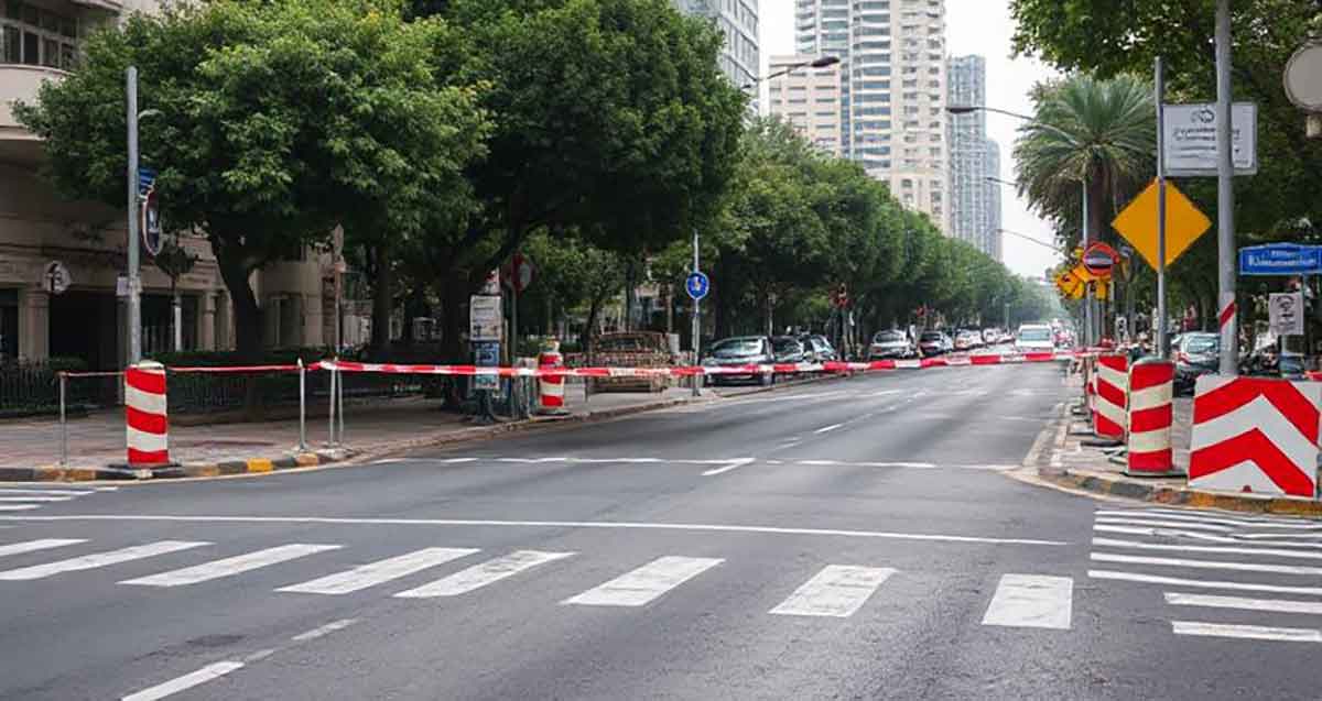 חסימת כביש בגבעתיים על ידי סרט אדום/לבן. איור AI. מכוניות חונות בכביש, חנויות ברחוב ובתי מגורים גבוהים ברקע.
