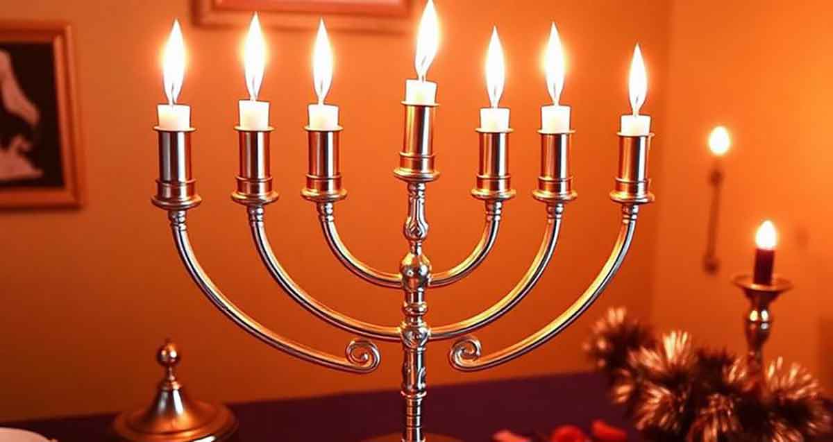 חג החנוכה. איור AI של חנוכייה, ופמוט לידה