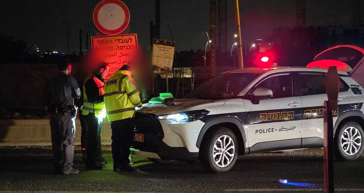 שוטרים וניידת משטרה מבצעים ביקורות ואכיפת תנועה בכביש