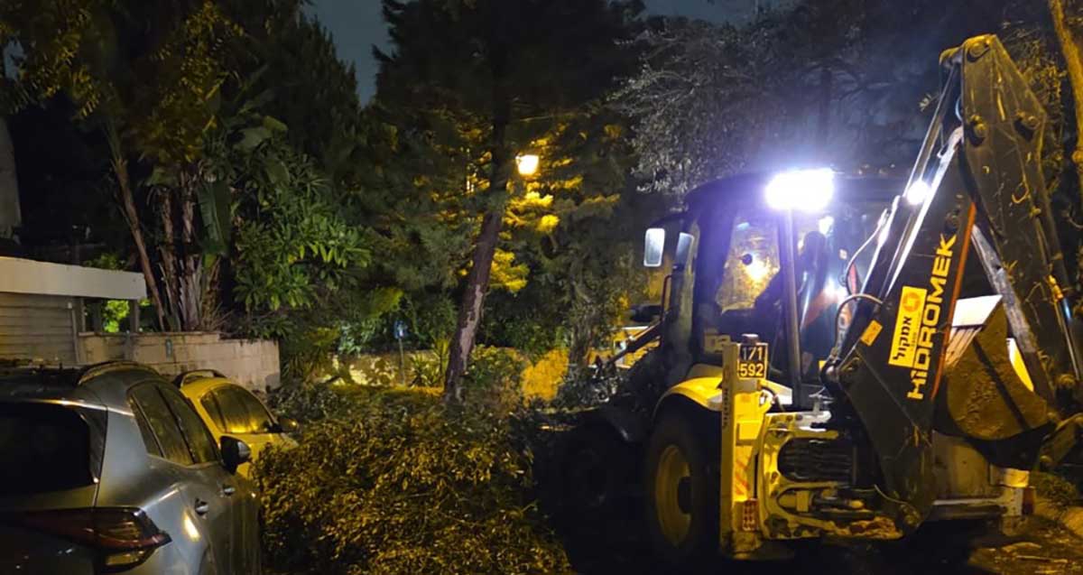טרקטורון מפנה ענפי עצים שנתלשו בסופה