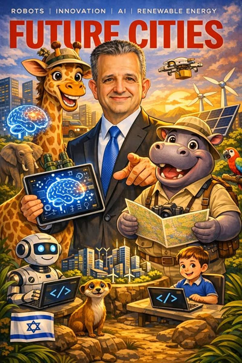איור בינה מאלכותית של כרמל שאמה הכהן ליד ג'ירפה והיפופוטם עם רובוטים ורחפנים, צילום מתוך הפייסבוק של כרמל שאמה הכהן