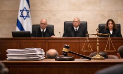 בית משפט. איור AI. שלושה שופטים על כס המשפט.