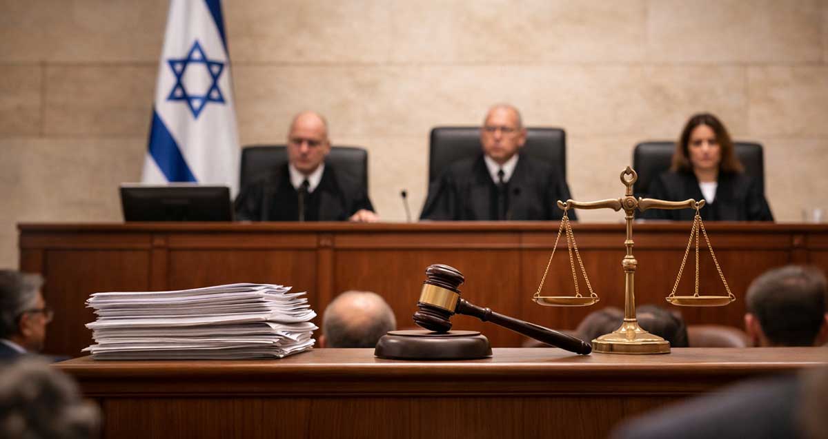 בית משפט. איור AI. שלושה שופטים על כס המשפט.