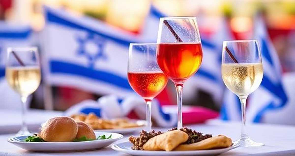 הדמית AI של אוכל ושתיה ביום העצמאות. ארבע כוסיות יין ושתי צלחות עם מאפים.