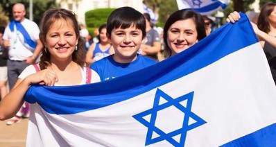הדמיה AI של חגיגות יום העצמאות. שתי נערות אוחזות בדגל ישראל וילד בין שתיהן.