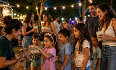 פסטיבל לילה למשפחות וילדים. ילדים עומדים בתור ללטף לטאה. איור AI.