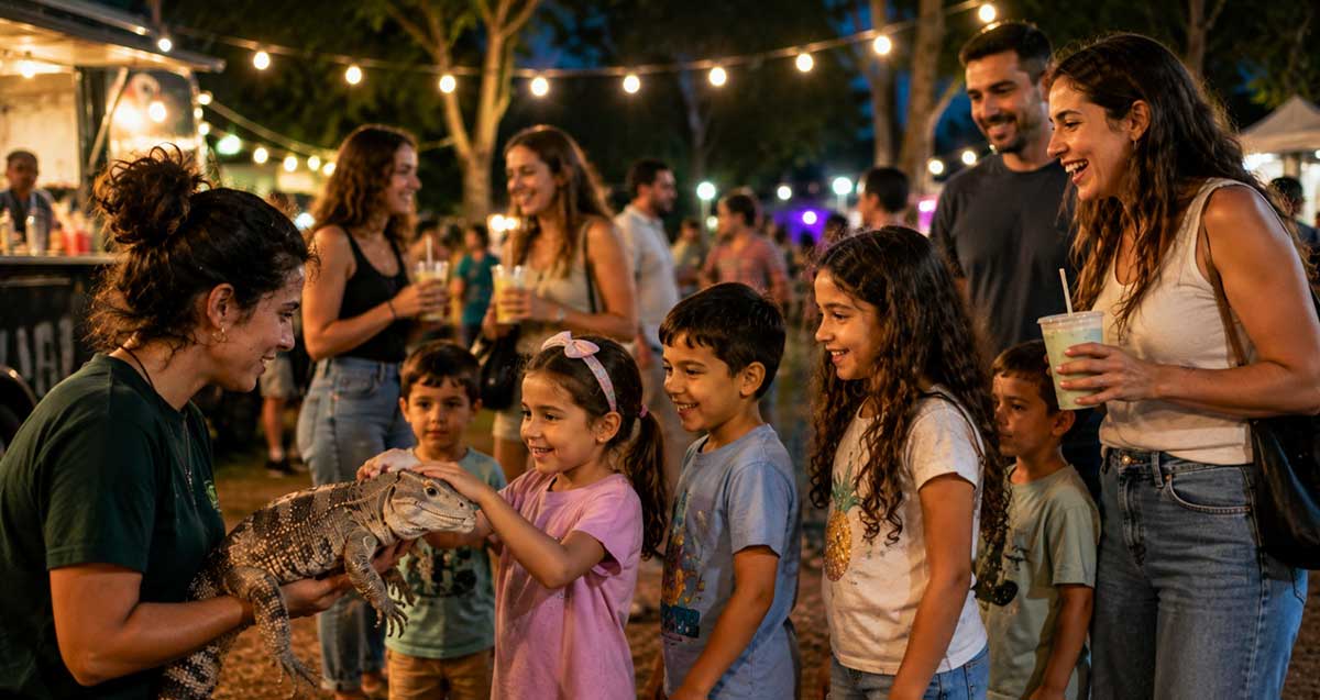 פסטיבל לילה למשפחות וילדים. ילדים עומדים בתור ללטף לטאה. איור AI.