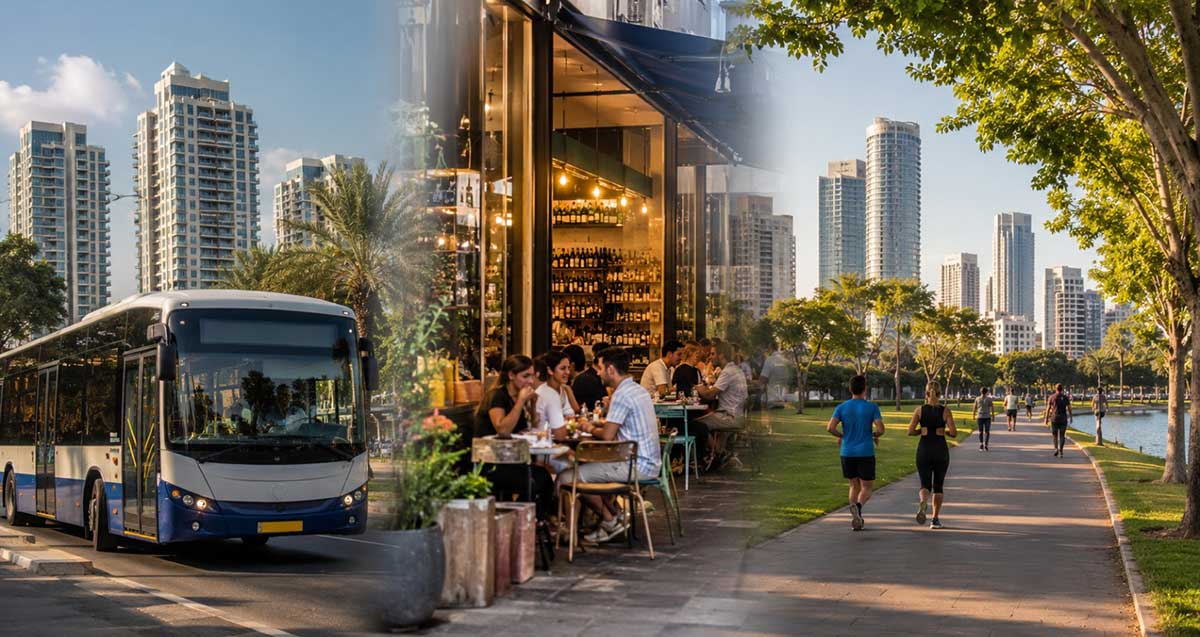 פעיל בעיר בשבת. איור AI. אוטובוס בכביש, וצעירים יושבים ליד בית הקפה.