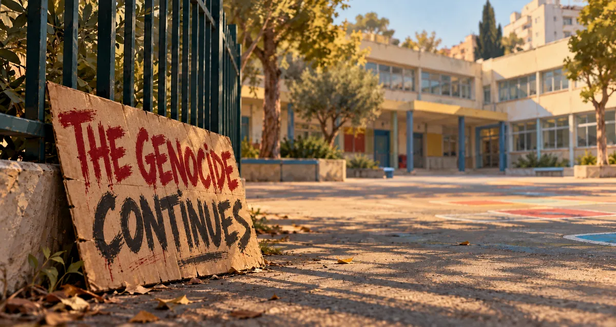 הדמיה של שלט בחצר בית ספר בגבעתיים עם הכיתוב The genocide continues