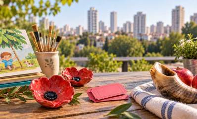 אירועים לחגים בגבעתיים. איור AI. שולחן ארוך ועליו שופר, שני רימונים, פרחים מקרמיקה, כלי מחרס עם מכחולים בתוכו. ספרים וספר אחד עם ציור על הכריכה: ילד מתנדנד תחת עץ.