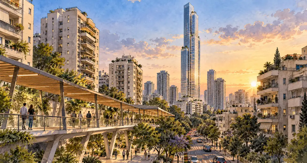 איור של מגדל גבוה לצד בתי מגורים ברחוב עירוני ברמת גן