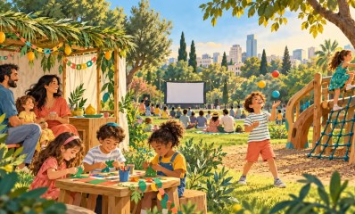 איור ילדים ומשפחות בפעילויות יצירה ומשחק בחג סוכות