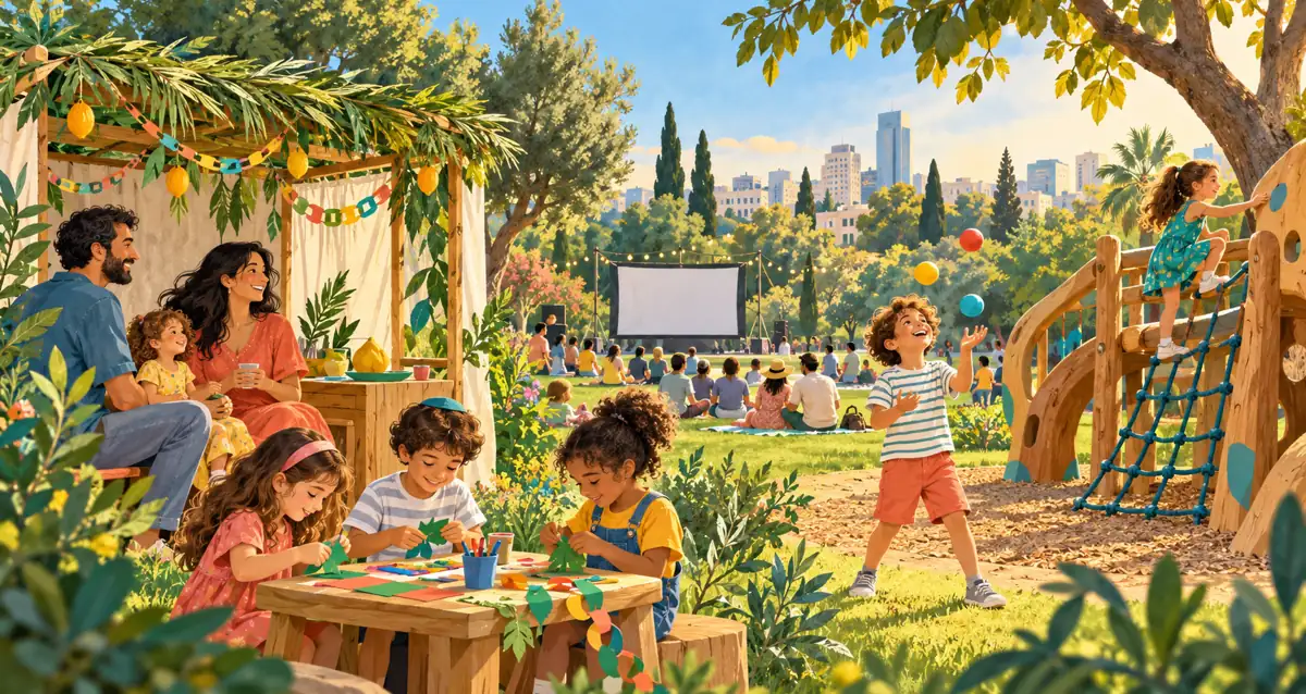 איור ילדים ומשפחות בפעילויות יצירה ומשחק בחג סוכות