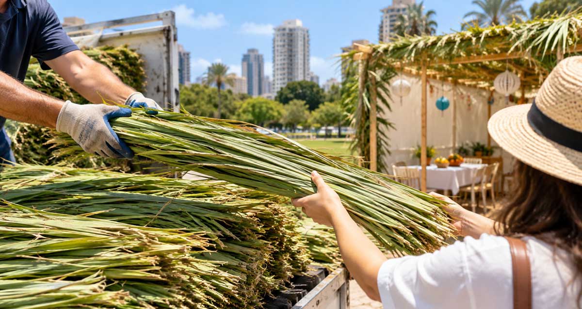 חלוקת סכך לסוכות. איור AI. דוכן עם סכך. גבר מוסר לאישה חבילה של סכך. ברקע סוכה ובניינים.