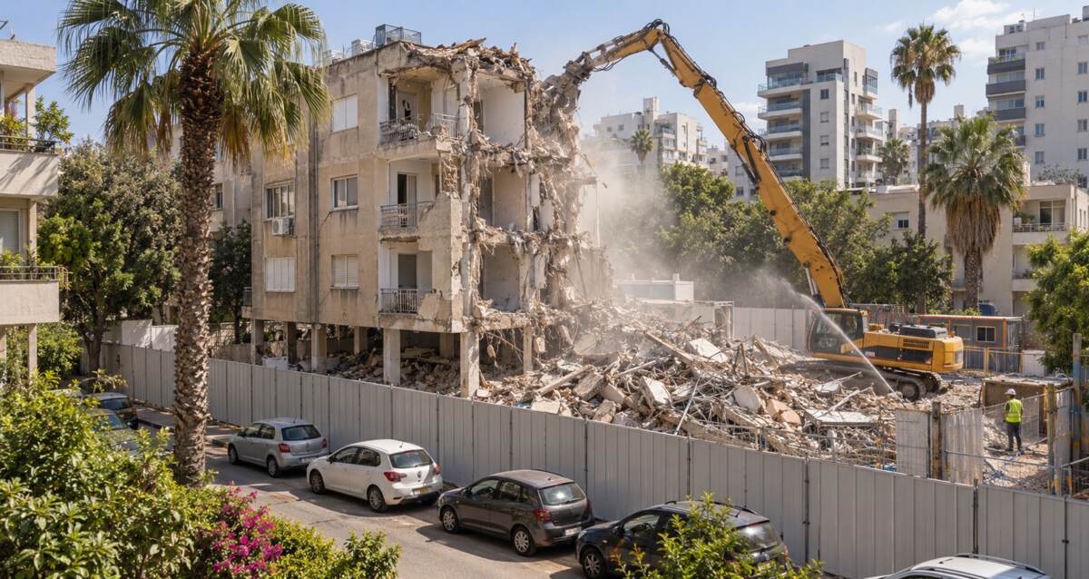 איור AI של הריסת בניין באתר פינוי בינוי. ר"ג גבעתיים אונליין