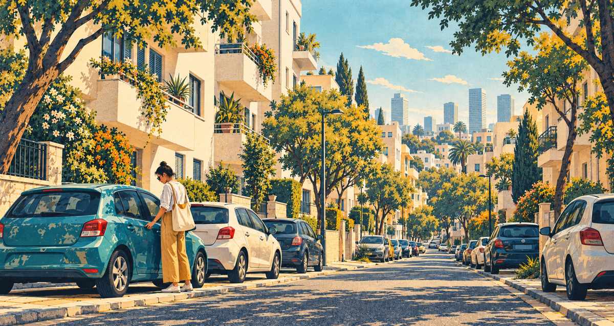 איור מושגי של רחוב מגורים ורכבים חונים עבור גבעתיים במספרים