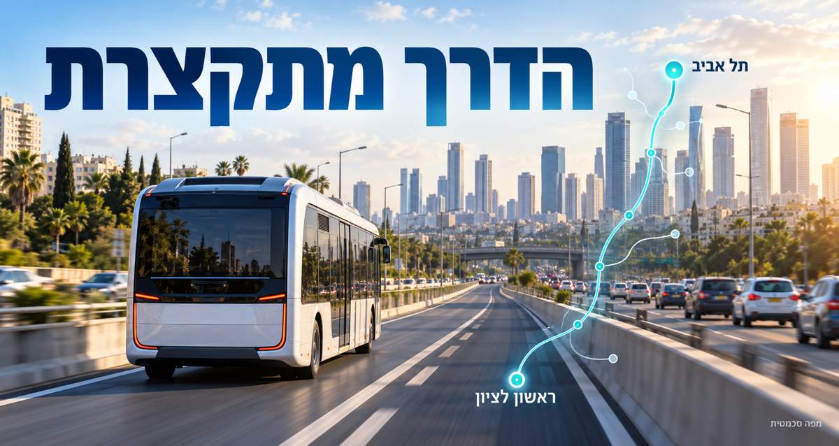 הדמיית שאטל בנתיב מהיר עם מפת מסלול סכמטית מראשון לציון לגוש דן